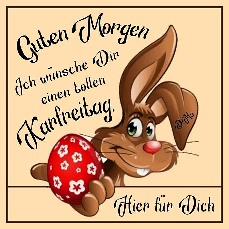 Ein Cartoon-Hase mit einem roten Osterei mit weißen Blumenmustern, auf gelbem Hintergrund mit schwarzem Rahmen.