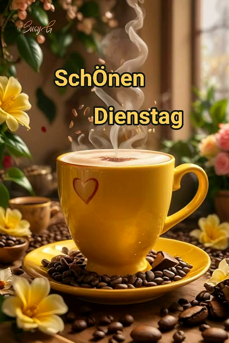 Ein gelber Kaffeebecher mit Herz-Dekor und dampfendem Kaffee auf einem Unterteller, umgeben von Kaffeebohnen, Schokolade und gelben Blüten, vor einem unscharfen Hintergrund.
