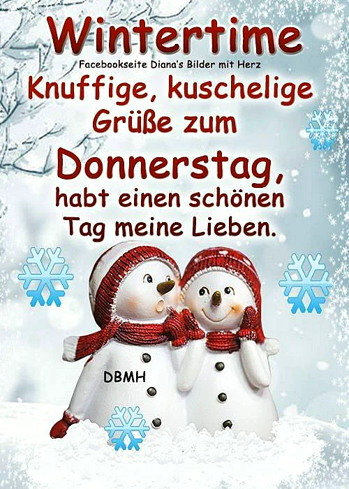 Ein Bild mit zwei lachenden Schneemännern, die sich umarmen, festlich gekleidet mit roten Mützen und Schals. Blaue Schneeflocken schweben im verschneiten Hintergrund und vermitteln eine herzliche Winterstimmung.