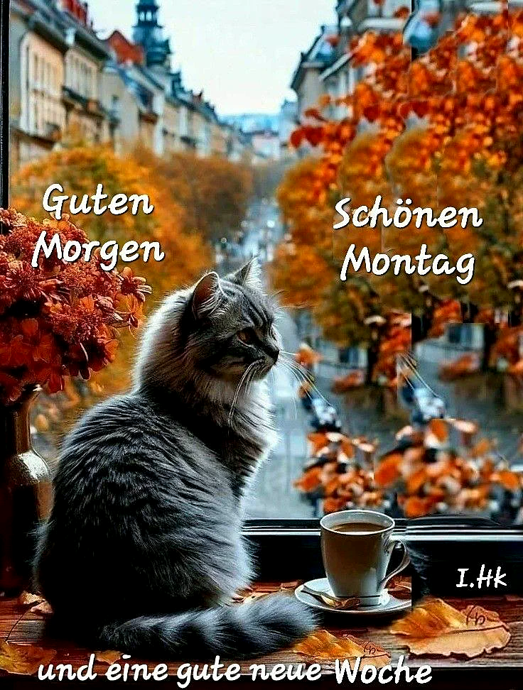 Ein flauschiger Kater sitzt am Fenster, blickt auf eine herbstliche Straße und genießt eine Tasse Kaffee. Warme orange Blätter und ein Blumenstrauß schaffen eine gemütliche Stimmung zum Wochenanfang.