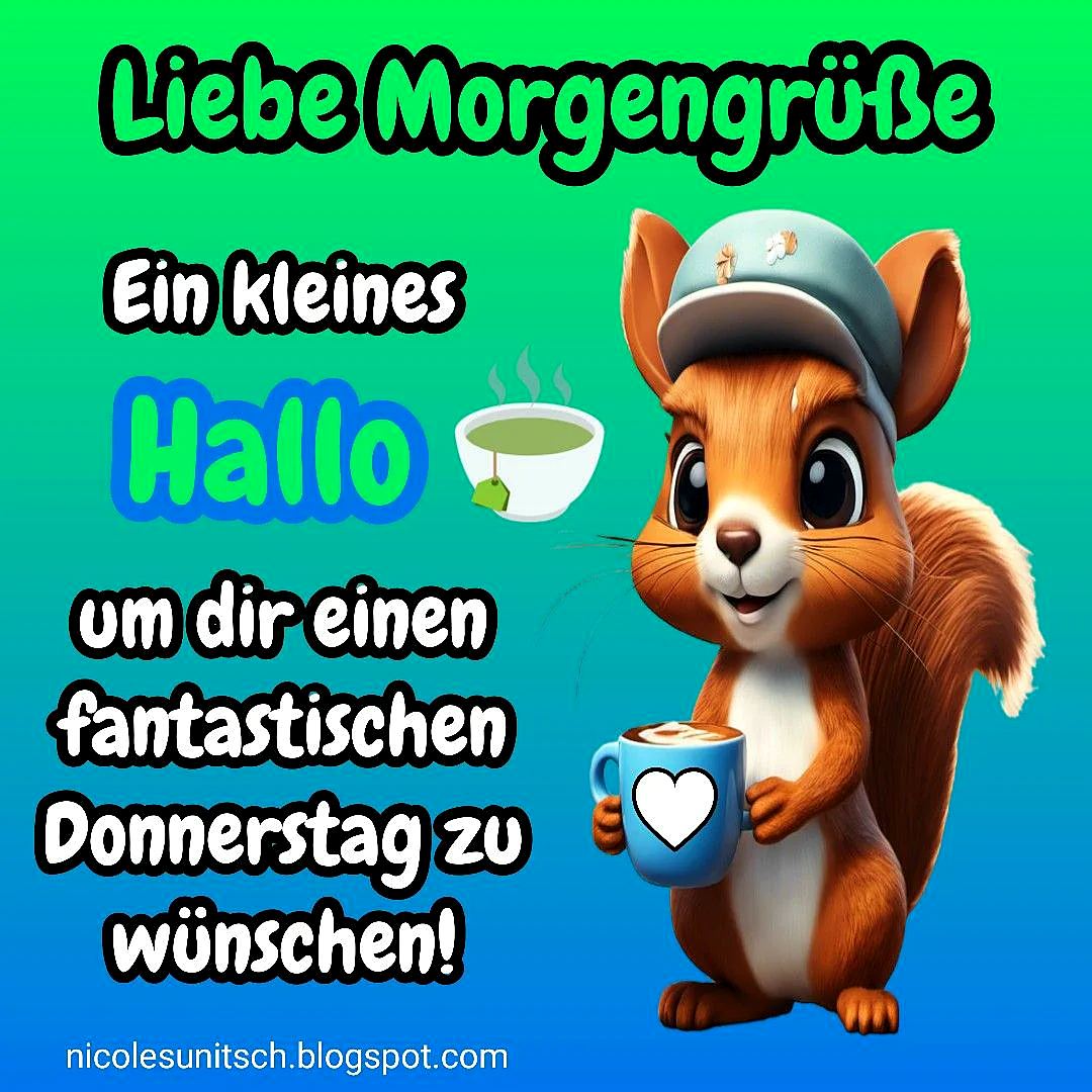 Ein Cartoon-Eichhörnchen mit einer Tasse Kaffee und einem herzlichen Gruß für Donnerstagmorgen