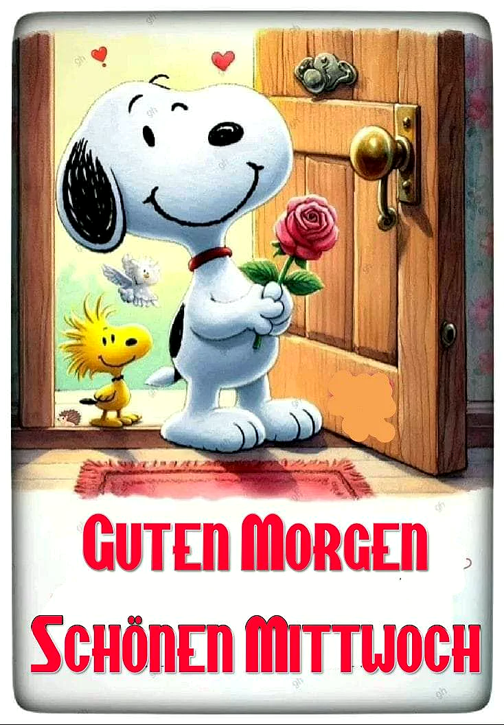 Ein Bild von Snoopy, der mit einer roten Rose in der Pfote vor einer Tür steht. Neben ihm steht Woodstock. Im Hintergrund ist ein gelber und grüner Himmel zu sehen.