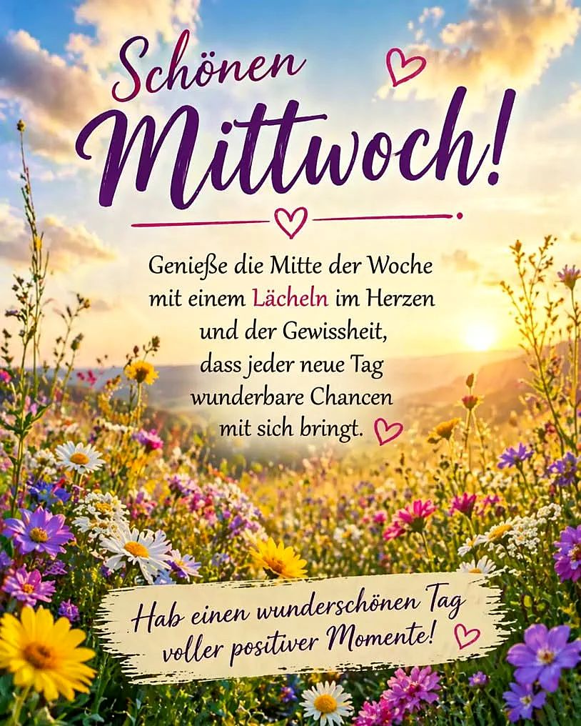 Ein lebendiges Feld voller farbenprächtiger Wildblumen unter einem leuchtenden Himmel bei Sonnenaufgang oder -untergang. Der motivierende Text wünscht einen schönen Mittwoch und positive Momente mit einem Lächeln.