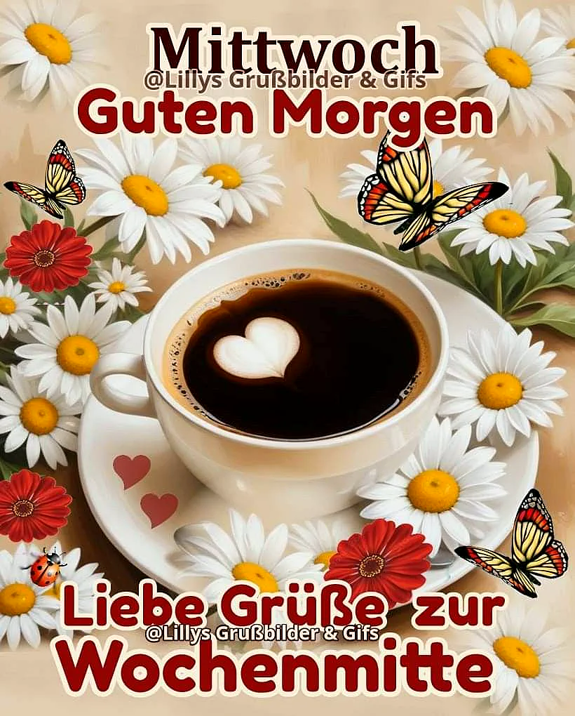 Ein Bild mit einer Tasse Kaffee auf einem Unterteller, umgeben von weißen und roten Blumen, Schmetterlingen und einer Marienkäfer. Der Kaffee hat ein Herz auf der Oberfläche.