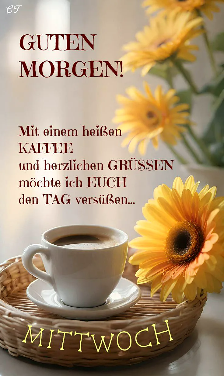 Ein weißer Kaffeebecher auf einem kleinen Tablett mit einer gelben Sonnenblume und einer Vase mit gelben Blumen im Hintergrund