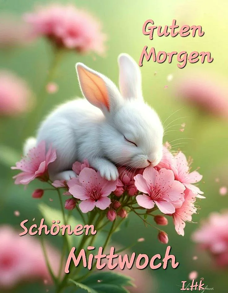 Ein flauschiges, weißes Babyhäschen schläft friedlich auf einem Ast voller zarter rosa Blüten. Der Hintergrund ist weichgezeichnet in Grüntönen mit rosafarbenen Akzenten, was eine süße und entspannte Stimmung erzeugt. Ein perfekter Gruß, um den Mittwoch zu versüßen.