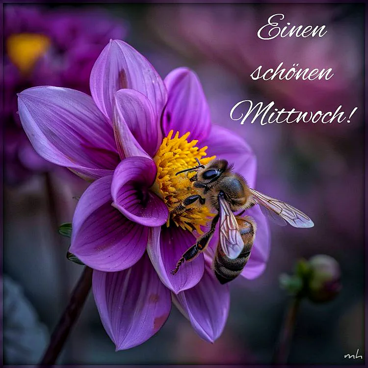 Eine Biene sammelt Nektar auf einer leuchtend violetten Dahlie mit gelbem Blütenzentrum. Der Hintergrund ist sanft unscharf, und der Gruß 'Einen schönen Mittwoch!' ist in weißer Schrift eingeblendet, was eine freundliche und ermutigende Stimmung schafft.