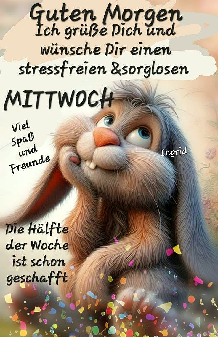 Ein fröhlicher Cartoon-Hase mit langen Ohren und einem breiten Lächeln, umgeben von farbenfrohen Konfetti. Der Hase hat ein freundliches Gesicht und blickt direkt auf den Betrachter. Im Hintergrund sind Blumen und ein leicht verschwommener Himmel sichtbar.