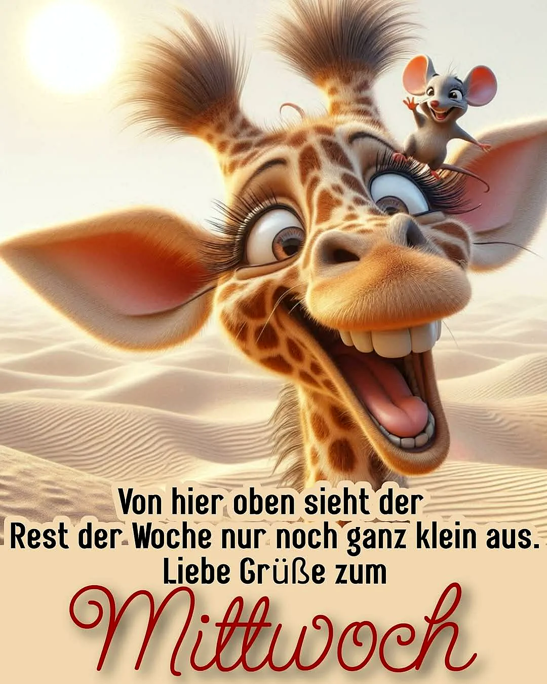 Ein Cartoon-Giraffe mit einem kleinen Maus-Freund auf dem Kopf, im Hintergrund Sanddünen und Sonnenschein.