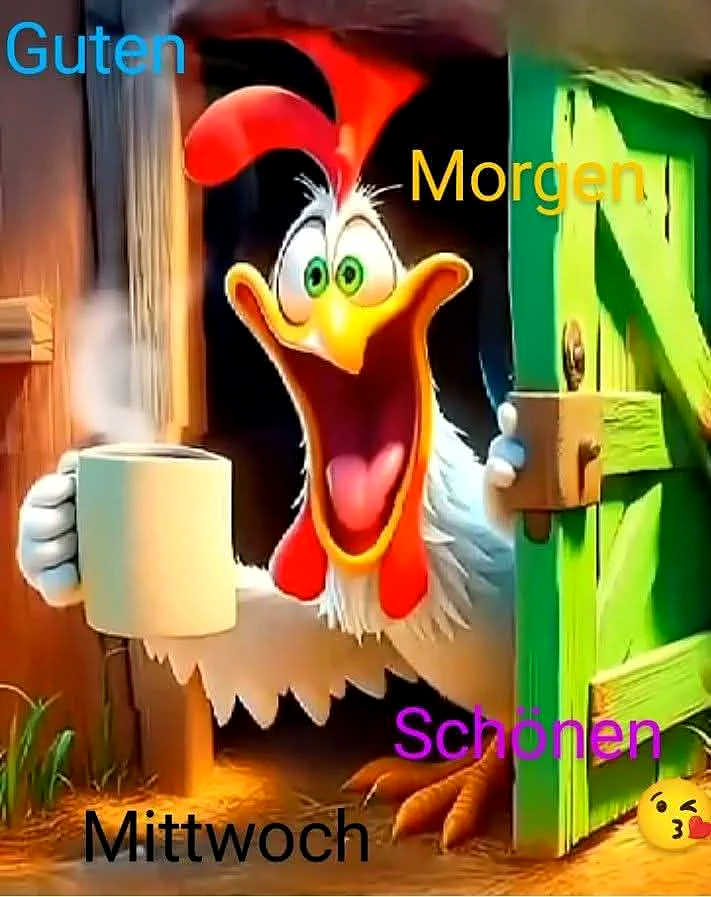 Ein Cartoon-Huhn hält eine Tasse Kaffee in der Hand und ragt aus einer grünen Tür heraus. Es hat eine fröhliche Miene und sieht aufmunternd aus.