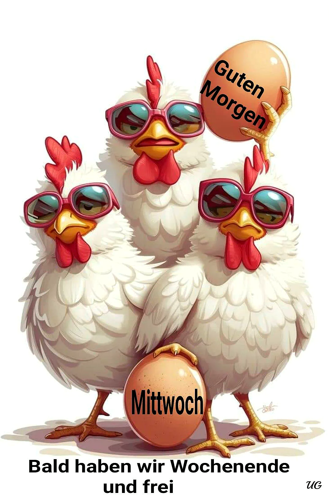Drei weiße Hühner mit rosa Sonnenbrille, ein Huhn hält ein Ei mit 'Guten Morgen' und ein anderes ein Ei mit 'Mittwoch', lustige Szene
