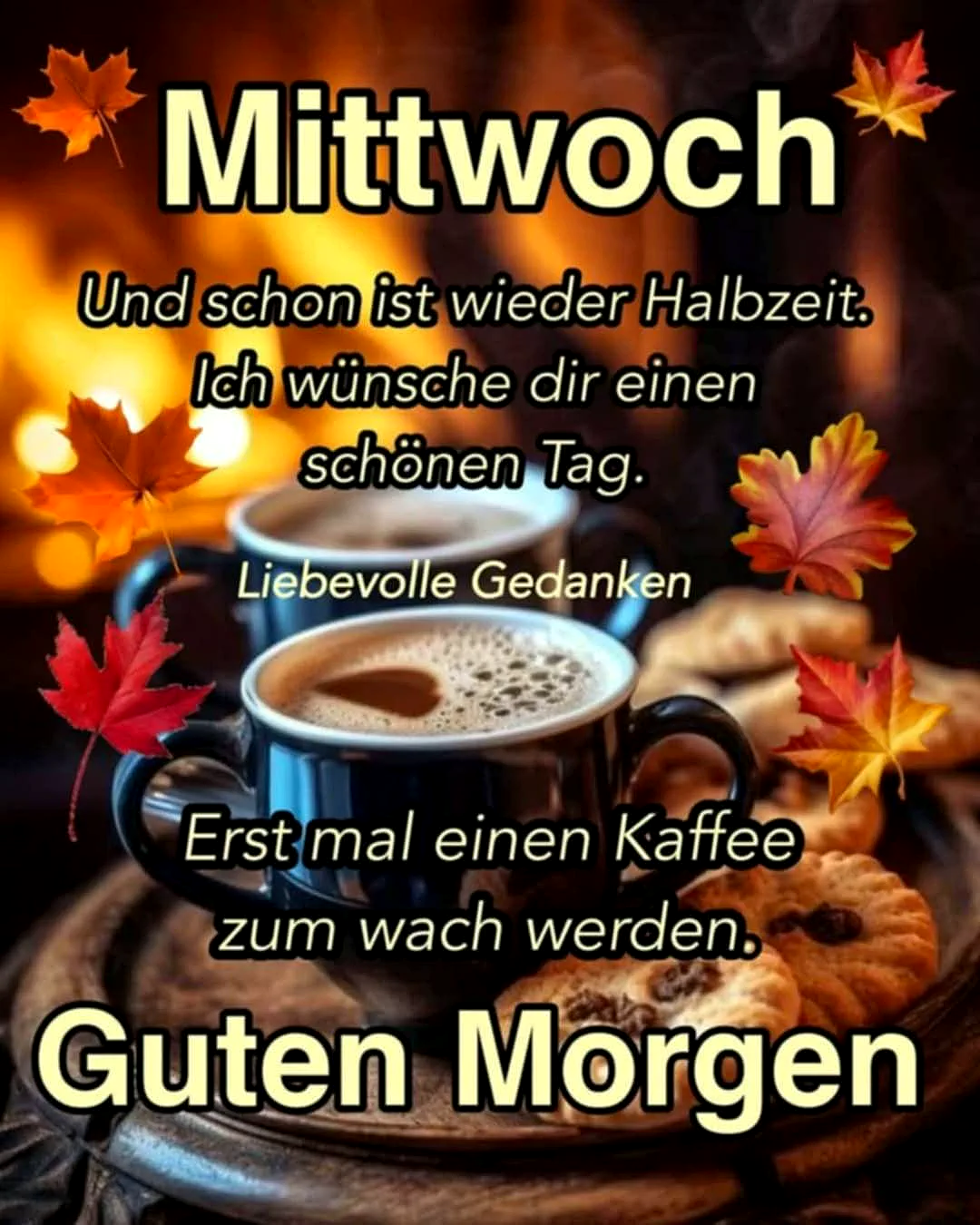 Ein Foto von zwei blauen Kaffeetassen mit Kaffee und einem herzförmigen Design auf dem Kaffee. Die Tassen stehen auf einem Holzteller mit Keksen und sind von Herbstlaub umgeben. Im Hintergrund brennen warme Lichter.