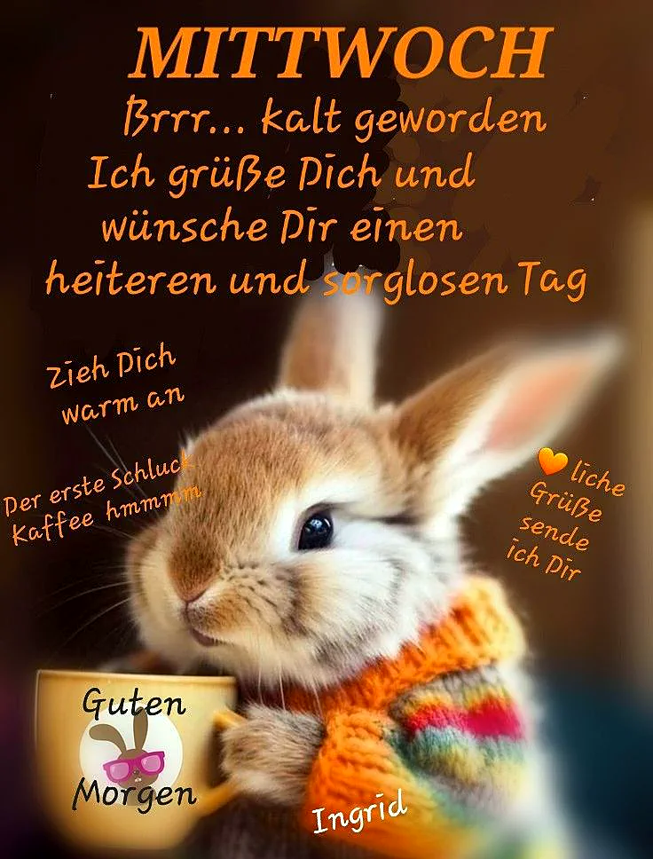 Ein niedliches Kaninchen in einem bunten Schal hält eine Kaffeetasse mit der Aufschrift 'Guten Morgen'. Der Hintergrund ist dunkel, aber das Kaninchen und die Tasse sind hell und einladend.