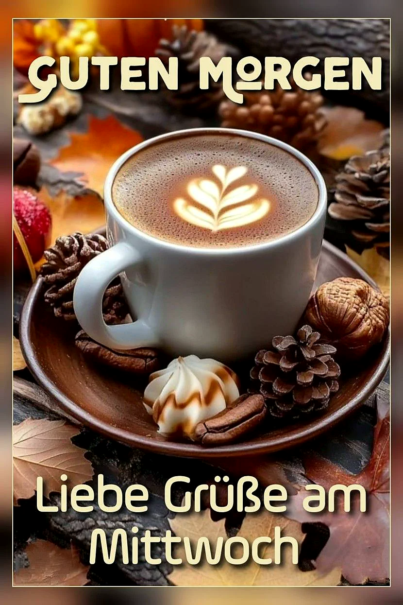 Ein herbstliches Motiv mit einer Tasse Kaffee, umgeben von Herbstblättern, Kiefernzapfen und Nüssen. Die Tasse steht auf einem braunen Teller und zeigt ein Herbstlaub-Muster auf dem Kaffee.