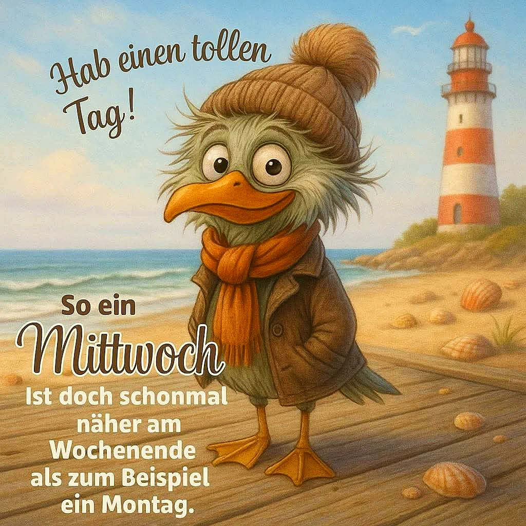 Ein Cartoon-Vogel in einem braunen Hut und Schal steht auf einem Pier vor einem Leuchtturm am Meer.