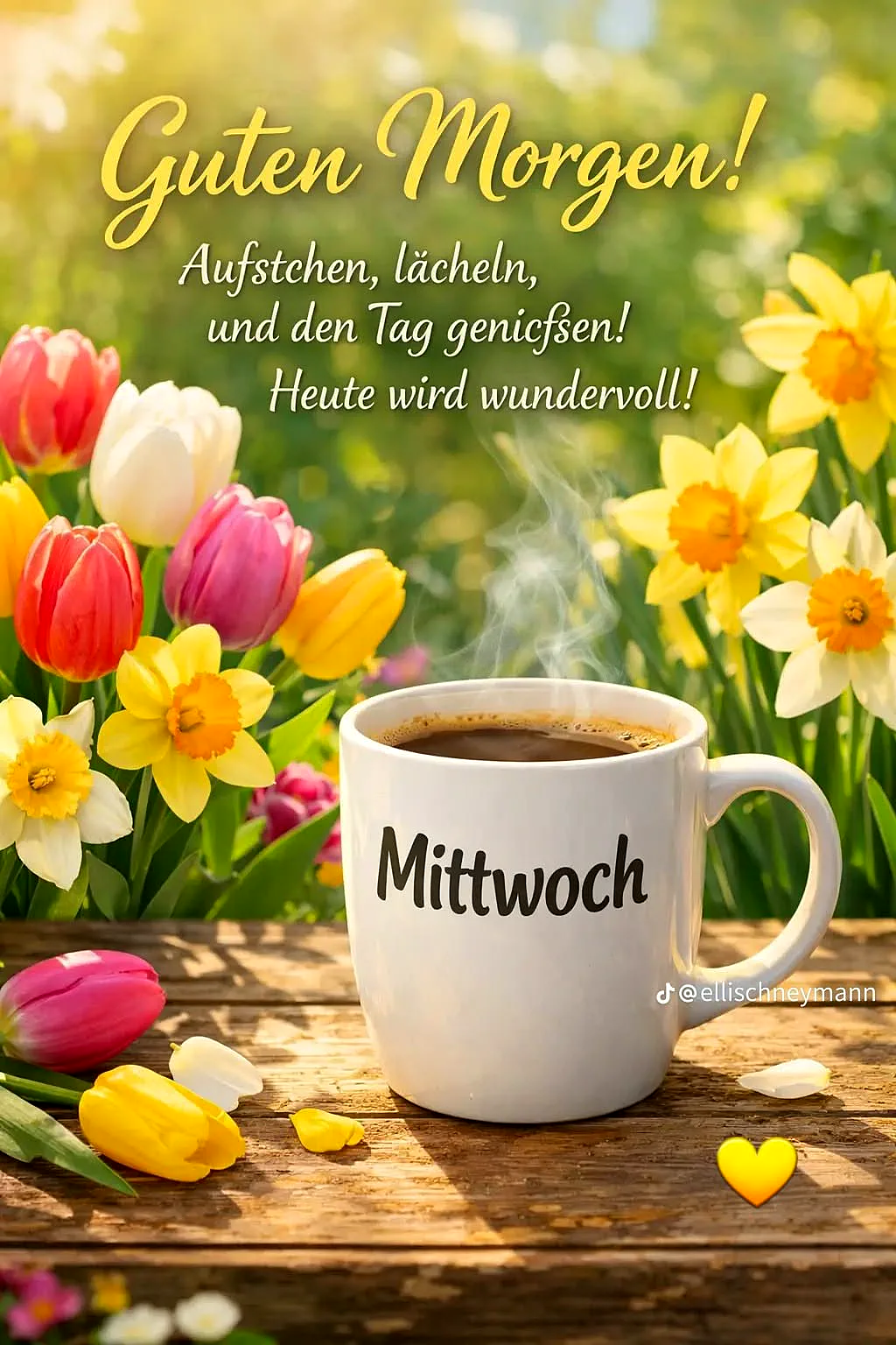 Ein weißer Kaffeebecher mit dem Wort Mittwoch darauf, umgeben von Tulpen und Narzissen auf einem Holztisch im Freien.