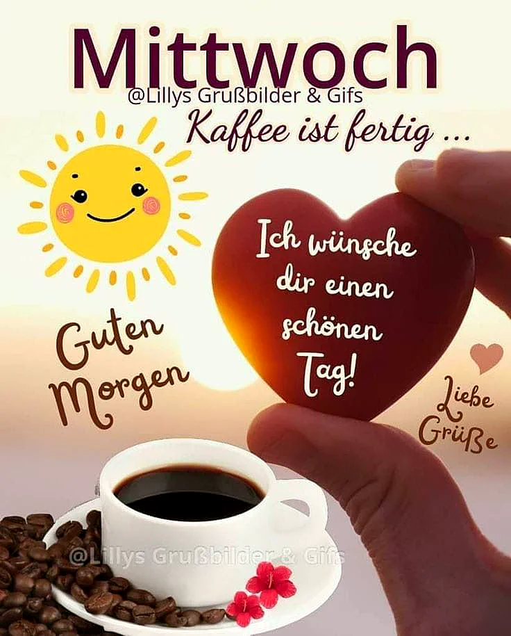 Ein sonniges Bild mit einer Tasse Kaffee, Kaffeebohnen, einem Sonnen-Smiley und einem herzförmigen Schild mit einer positiven Nachricht.