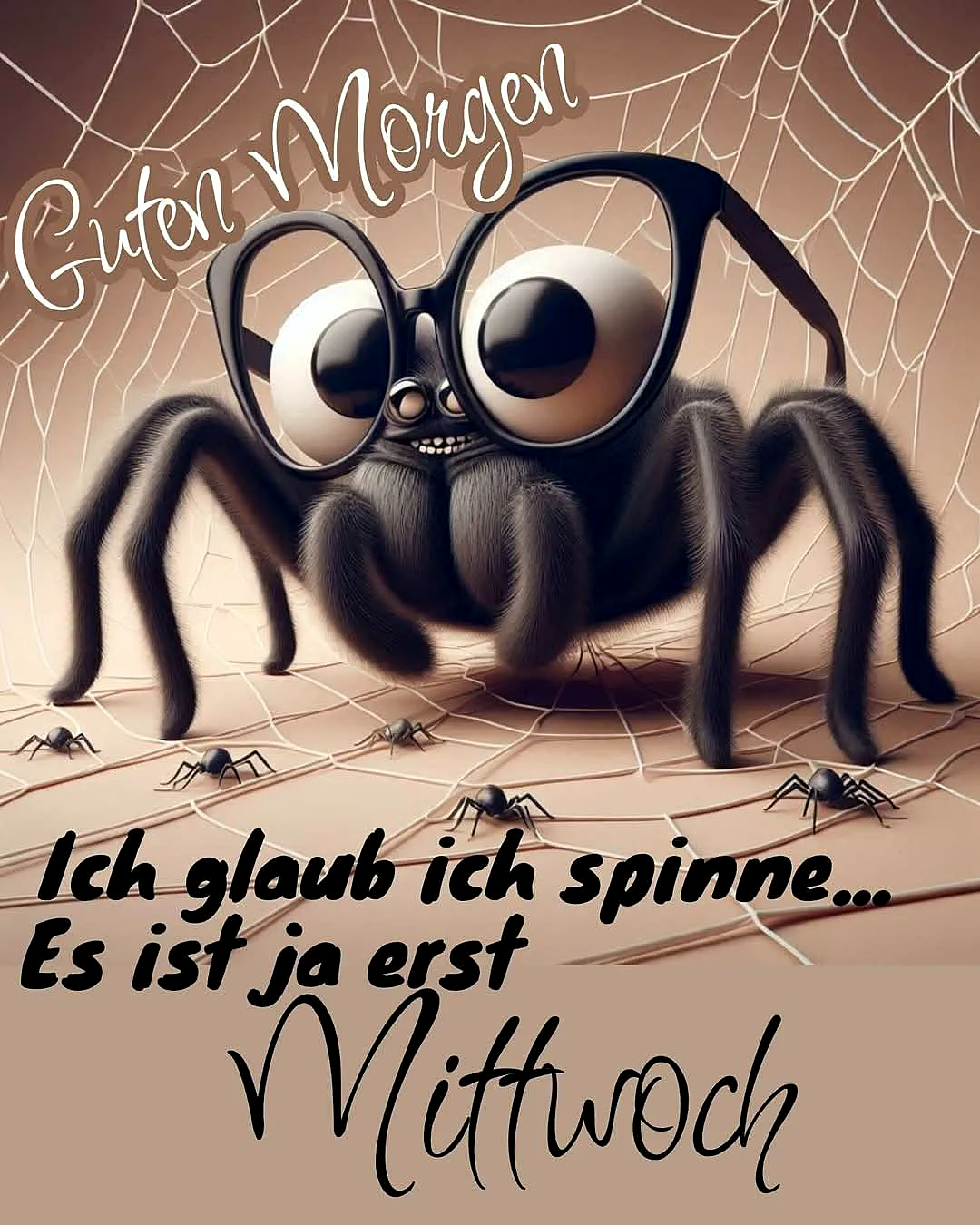 Ein cartoonartiger schwarzer Spinne mit großen Augen und Brille sitzt auf einem Spinnennetz, umgeben von kleineren Spinnen. Der Hintergrund ist ein hellbraunes Spinnennetz.