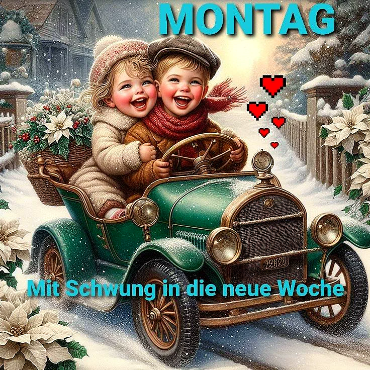 Ein digitales Gemälde von zwei Kindern in einem alten, grünen Auto, das durch einen verschneiten Winterlandschaft fährt. Die Kinder tragen warme Winterkleidung und lächeln. Im Hintergrund sind Schnee, Blumen und ein Haus zu sehen.