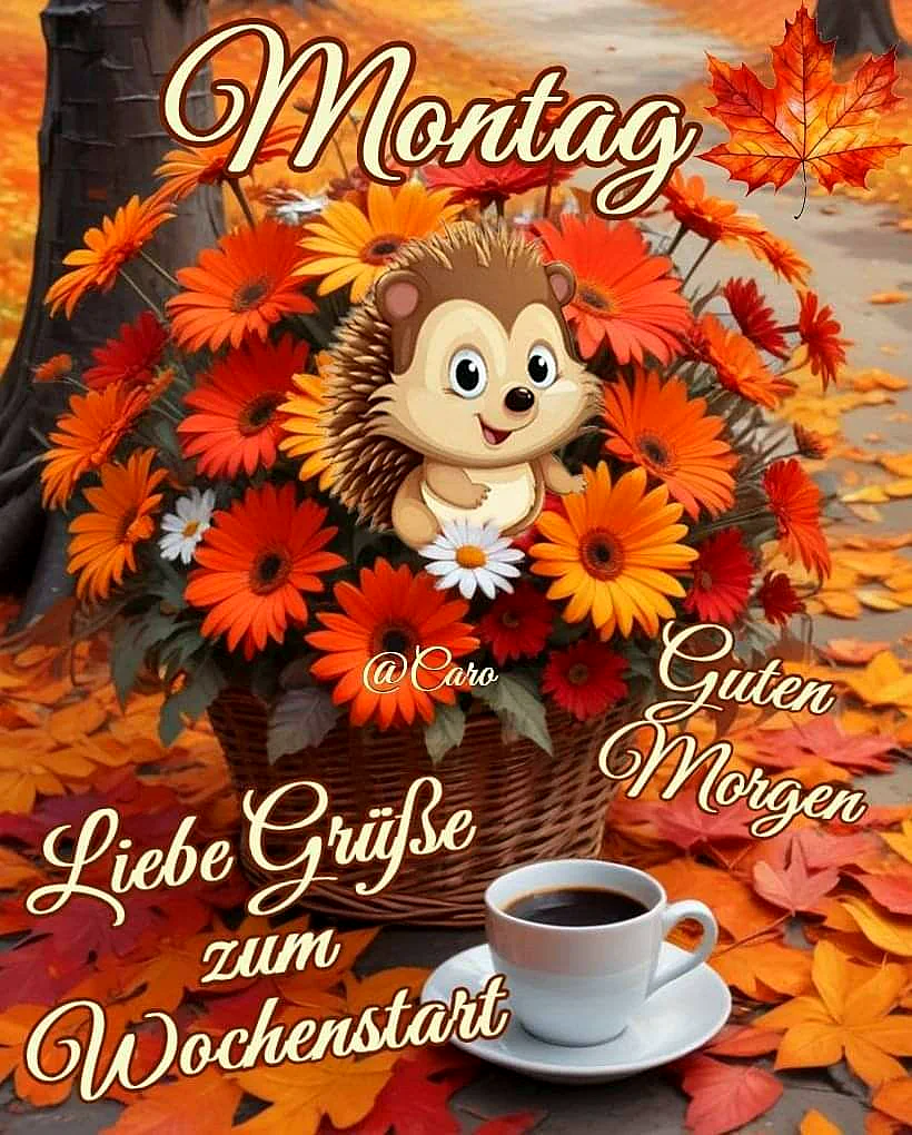 Ein niedlicher Igel sitzt in einem Korb voller leuchtend oranger Herbstblumen neben einer dampfenden Kaffeetasse auf buntem Laub, der einen motivierenden Gruß zum Wochenanfang im gemütlichen Herbstmorgen übermittelt.