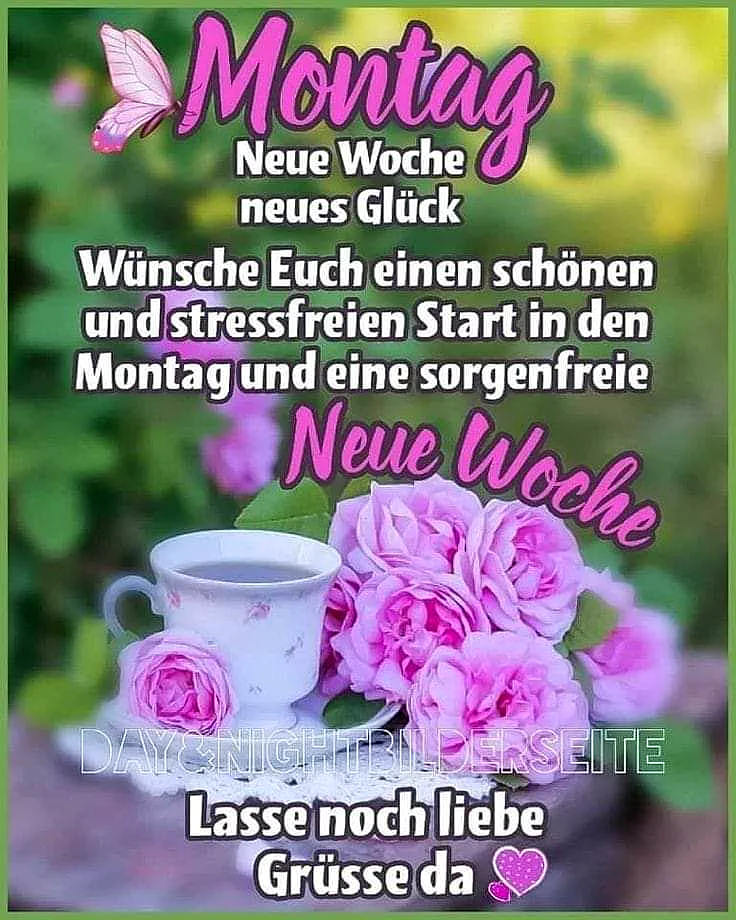 Ein Bild mit pinken Rosen, einer Tasse Kaffee und einem Schmetterling vor einem grünen Hintergrund. Der Text 'Montag' und 'Neue Woche' ist in pinker Schrift hervorgehoben.