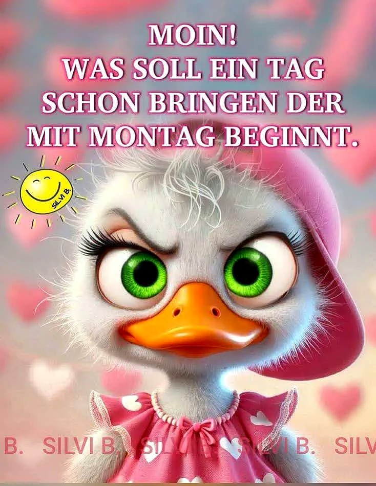Ein Cartoon-Ente mit grünen Augen, rosa Hut und rosa Kleid mit weißen Herzen, vor einem rosa-weißen Hintergrund mit Herzchen. Die Ente hat einen leicht mürrischen Gesichtsausdruck.