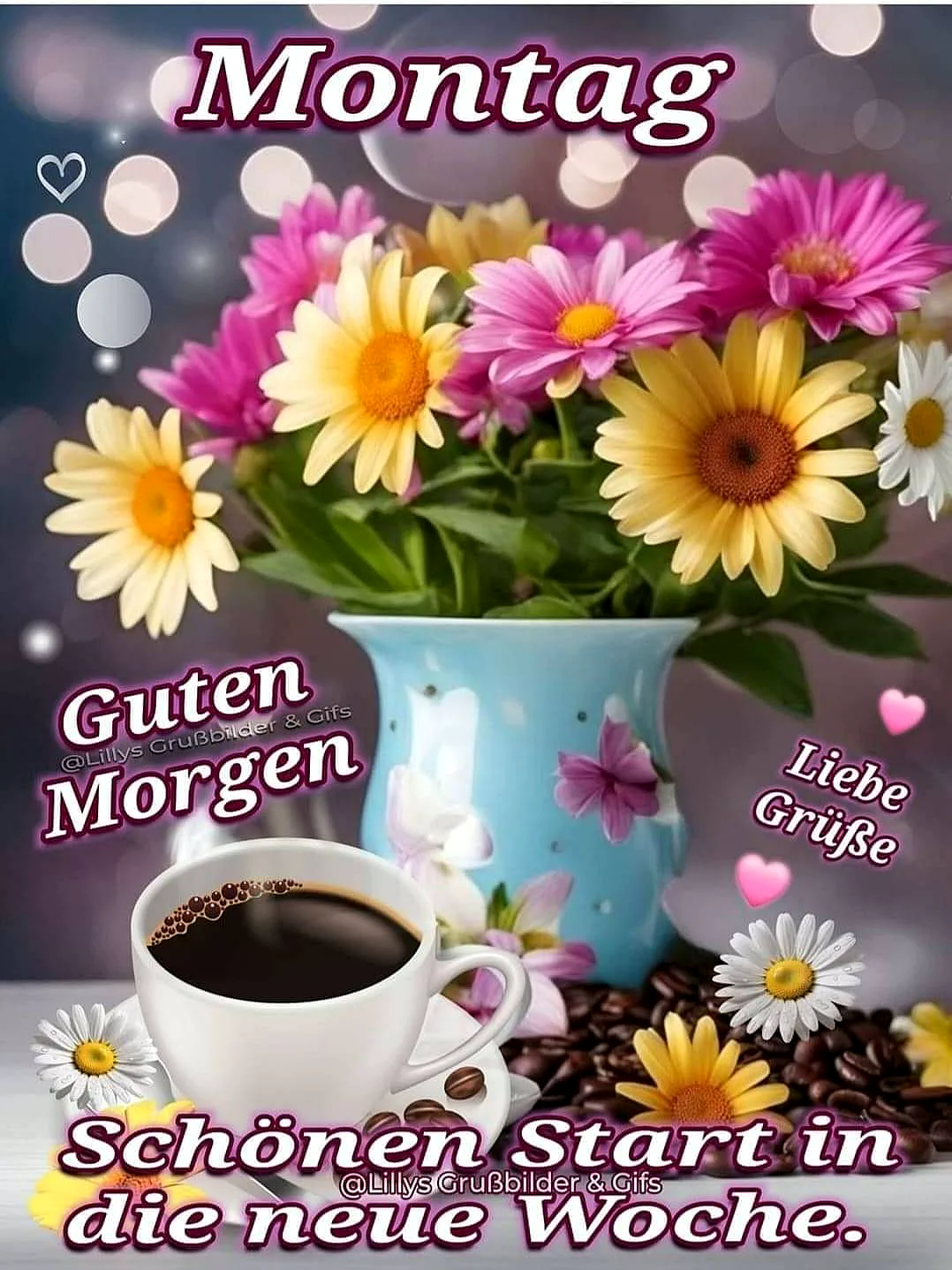 Ein Bild mit einer Vase voller bunter Blumen, einer Tasse Kaffee und Kaffeebohnen, umgeben von kleinen Blumen auf einem Tisch, vor einem unscharfen Hintergrund mit Lichtern.