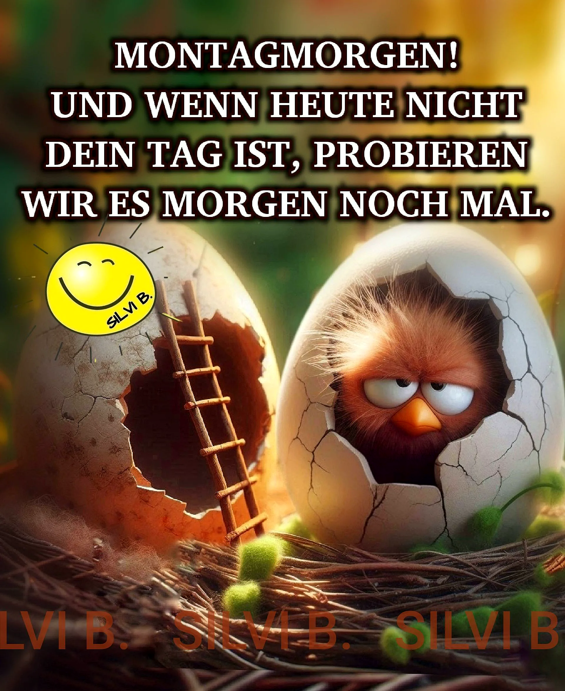 Ein niedliches Küken schaut aus einem Ei, das in einem Nest liegt. Das Ei ist teilweise geöffnet und zeigt eine Leiter, die nach oben führt. Der Hintergrund ist unscharf und zeigt eine grüne Umgebung.