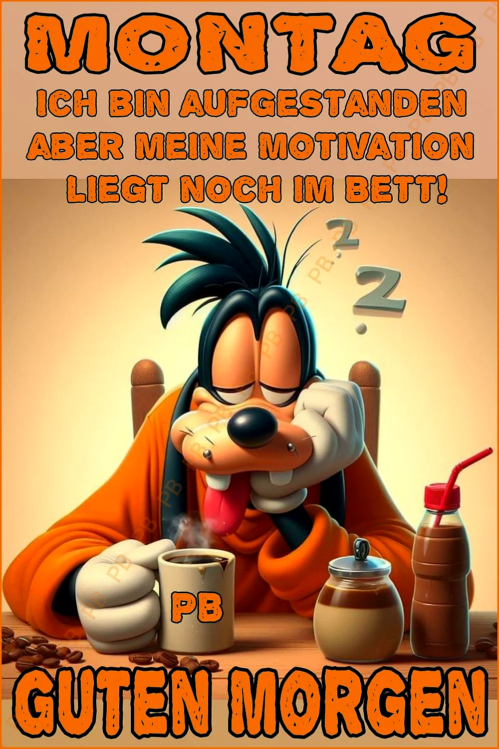 Ein Cartoon-Goofy sitzt an einem Tisch mit einer Tasse Kaffee, einer Kaffeodose und einer Schokoladenmilchflasche, mit verschlossenen Augen und einer müden Miene.
