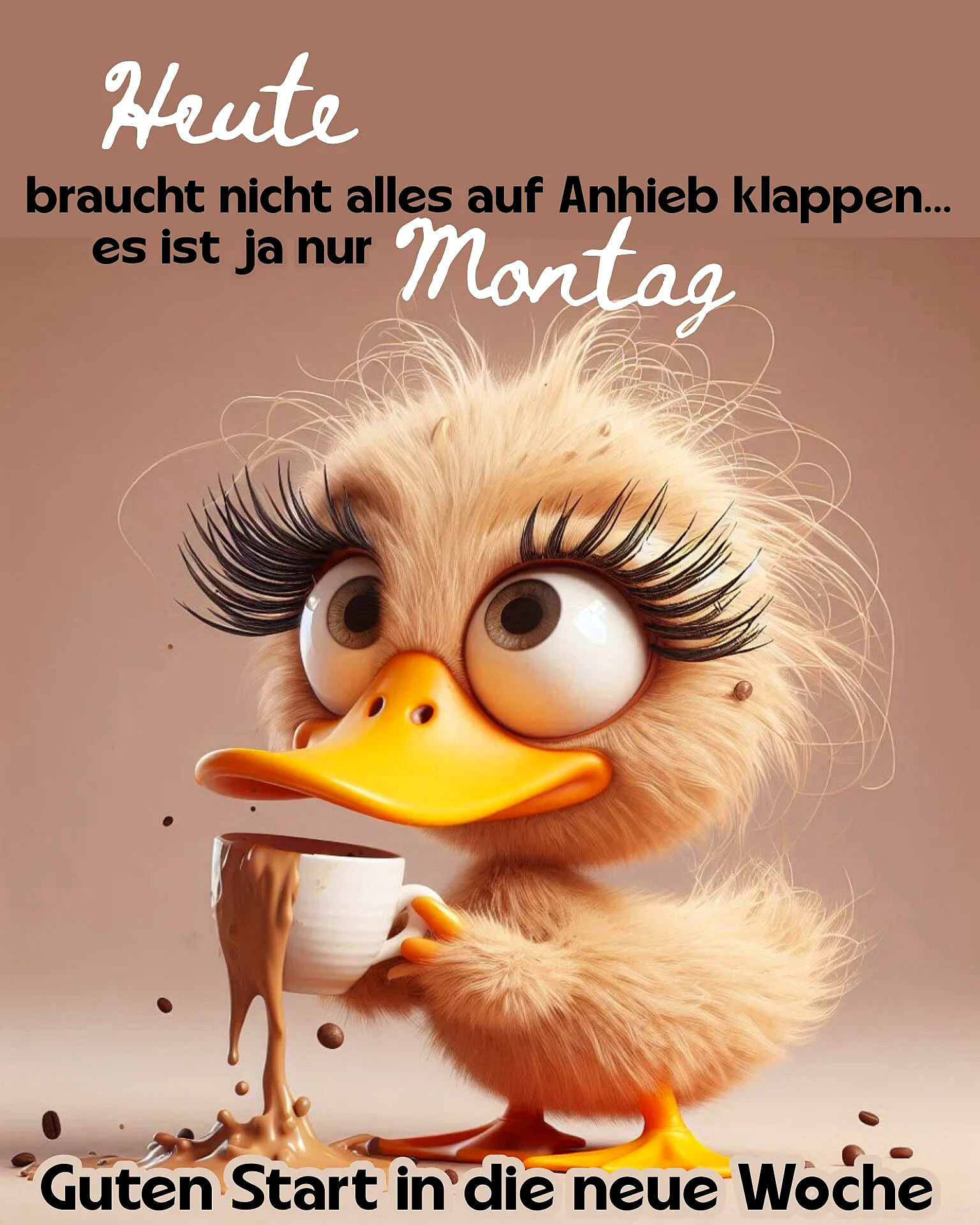 Ein niedliches Entenküken mit langen Wimpern hält eine Kaffeetasse, umgeben von Kaffeesatz und Kaffee, der aus der Tasse fließt.