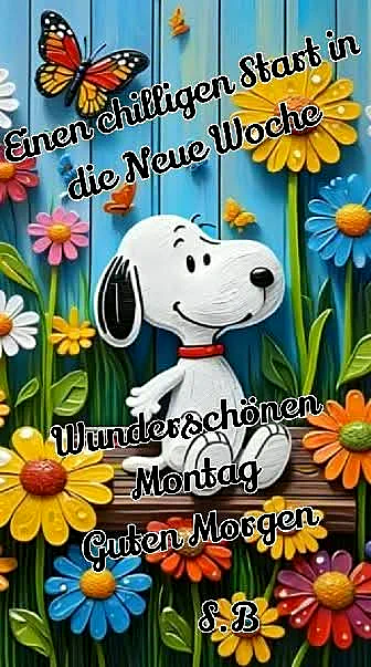 Ein farbenfrohes Bild mit Snoopy, umgeben von Blumen, Schmetterlingen und einer Holzbank, vor einem blauen Holzzaun.