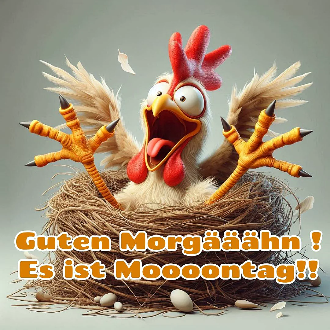 Ein Cartoon-Huhn im Nest mit geöffnetem Schnabel und ausgebreiteten Flügeln, umgeben von Eiern und Federn, strahlt Freude und Überraschung aus.
