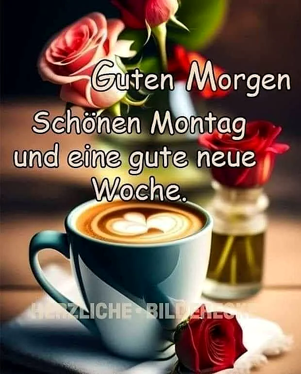 Ein dampfender Kaffee in einer türkisblauen Tasse, geschmückt mit Herz-Latte-Art, steht neben frischen roten Rosen und einer zarten Pfirsichrose, die einen motivierenden Montag zum Wochenbeginn versprechen. Warme Holzoberfläche im Hintergrund.