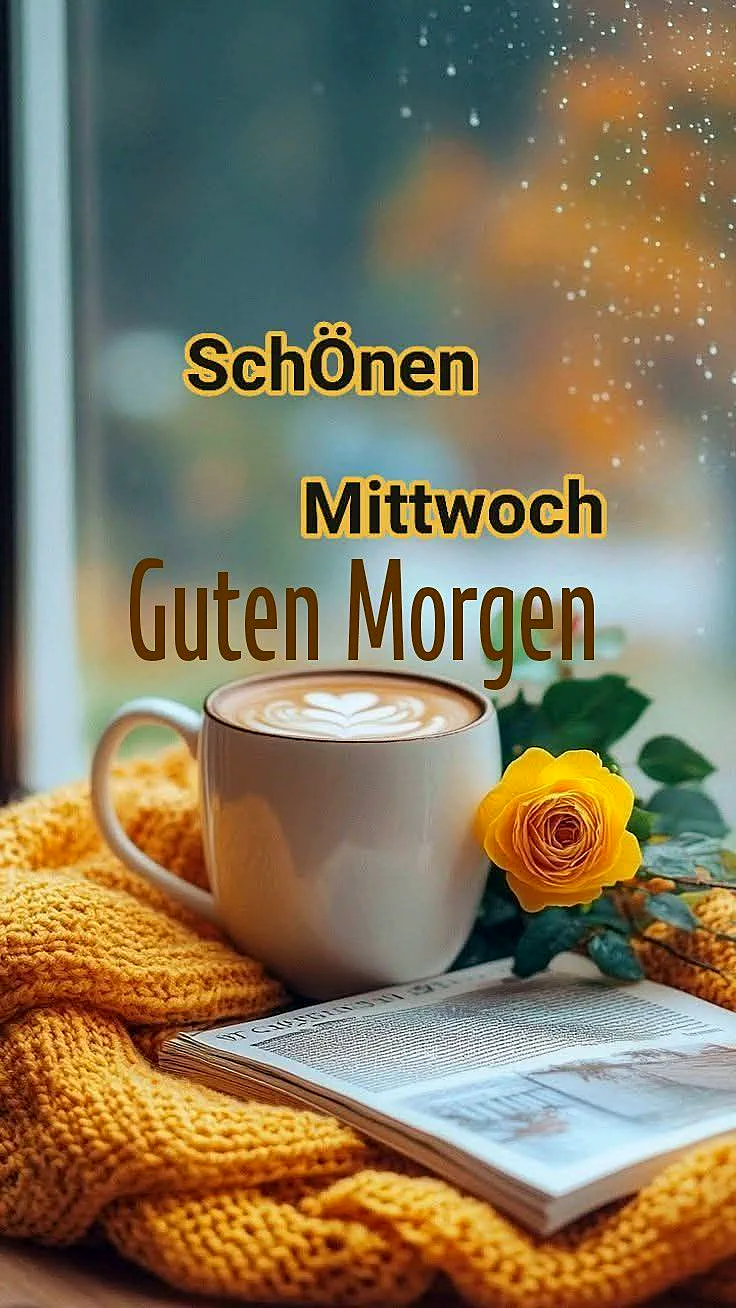 Eine dampfende Tasse Kaffee mit Herz-Latte-Art, umgeben von einer gelben Rose und einem offenen Buch, ruht auf einer kuscheligen Strickdecke. Sanfter Regen fällt vor dem Fenster, was eine behagliche Mittwoch-Morgenstimmung schafft.