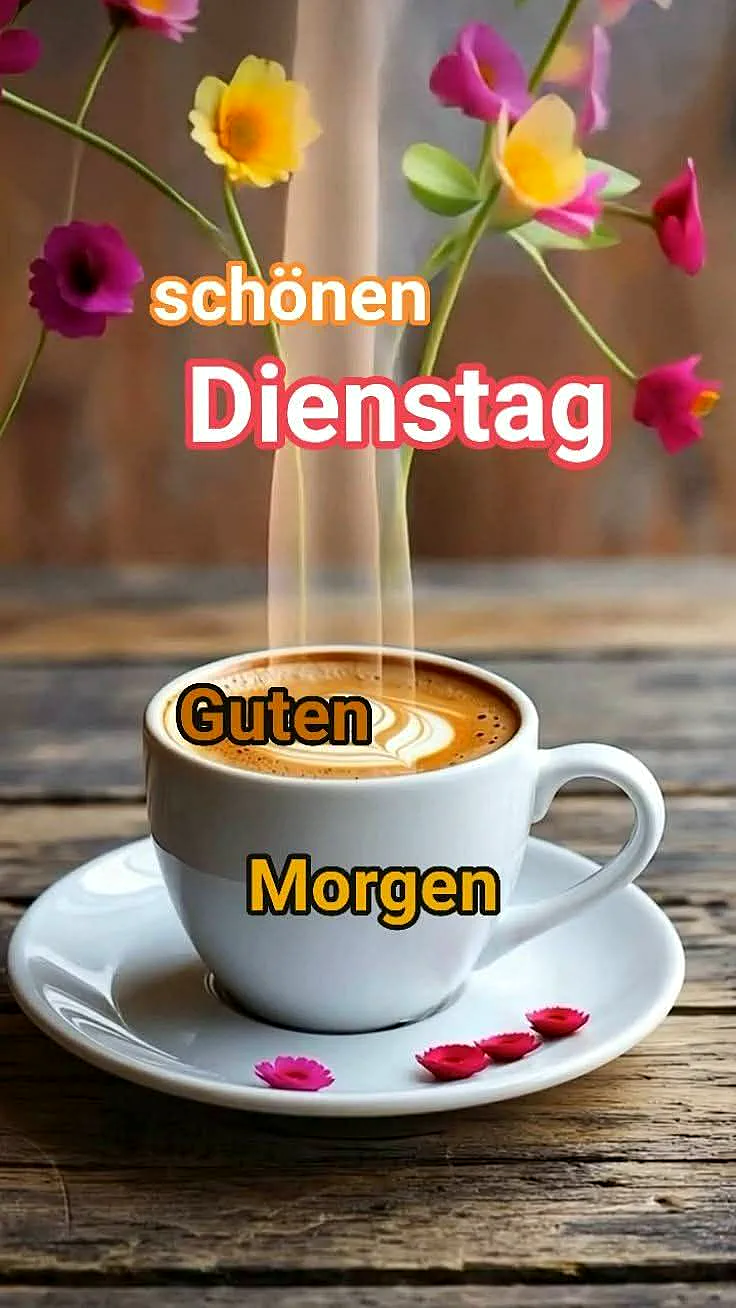Eine dampfende Kaffeetasse mit Herz-Latte-Art und Untertasse steht auf einem hölzernen Tisch. Zarte gelbe und pinke Blumen schmücken den Hintergrund. Darüber schwebt der Text „schönen Dienstag“ und „Guten Morgen“ für einen produktiven Start.