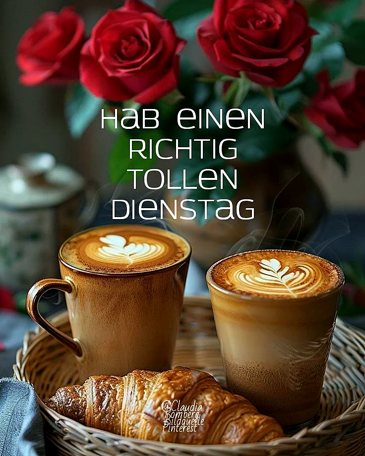 Ein gemütliches Frühstück mit zwei Tassen Kaffee und Croissants auf einem Tablett, im Hintergrund rote Rosen in einer Vase.