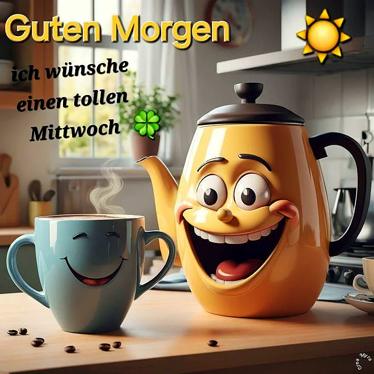 Eine lachende gelbe Teekanne und eine dampfende hellblaue Tasse mit Smiley-Gesicht schmücken eine helle Holztheke. Verstreute Kaffeebohnen ergänzen das Bild. Die sonnige Küchenszene mit einem Kleeblatt im Hintergrund vermittelt eine aufmunternde Morgenstimmung speziell für den Mittwoch.