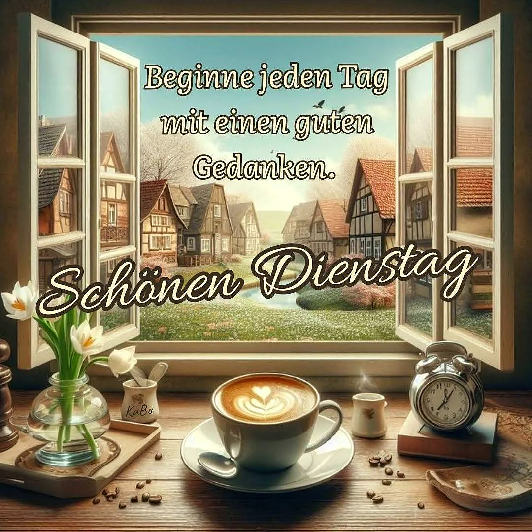 Ein gemütliches Zimmer mit einem offenen Fenster, Blick auf ein Dorf mit traditionellen Häusern, eine Tasse Kaffee mit Herz-Muster auf dem Tisch, Blumen in einer Vase, eine Uhr und ein paar Kaffeebohnen verstreut.