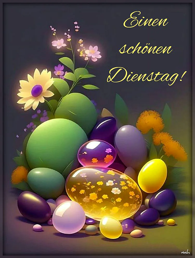 Ein digitales Kunstwerk mit verschiedenen farbigen Ostereiern, Blumen und Blättern vor einem dunklen Hintergrund. Die Eier sind in verschiedenen Farben wie Grün, Lila, Gelb und Weiß und haben ein glänzendes Aussehen. Einige Eier haben Blumenmuster. Es gibt auch einige Blumen und Blätter im Bild.