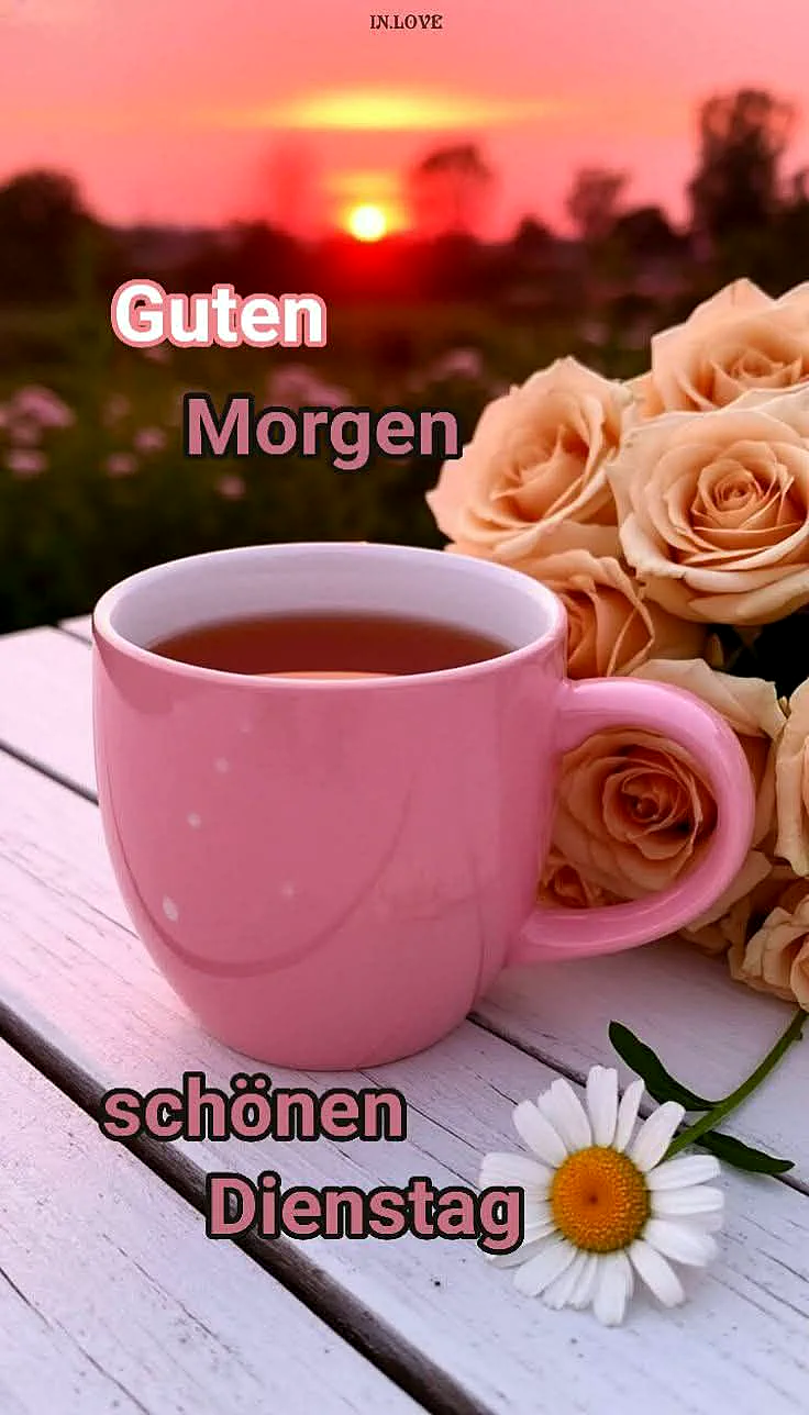 Ein pinkes Kaffeetasse auf einem weißen Holztisch, daneben ein Strauß Pfirsichrosen und eine weiße Blume, im Hintergrund ein Sonnenaufgang mit rosa Himmel.