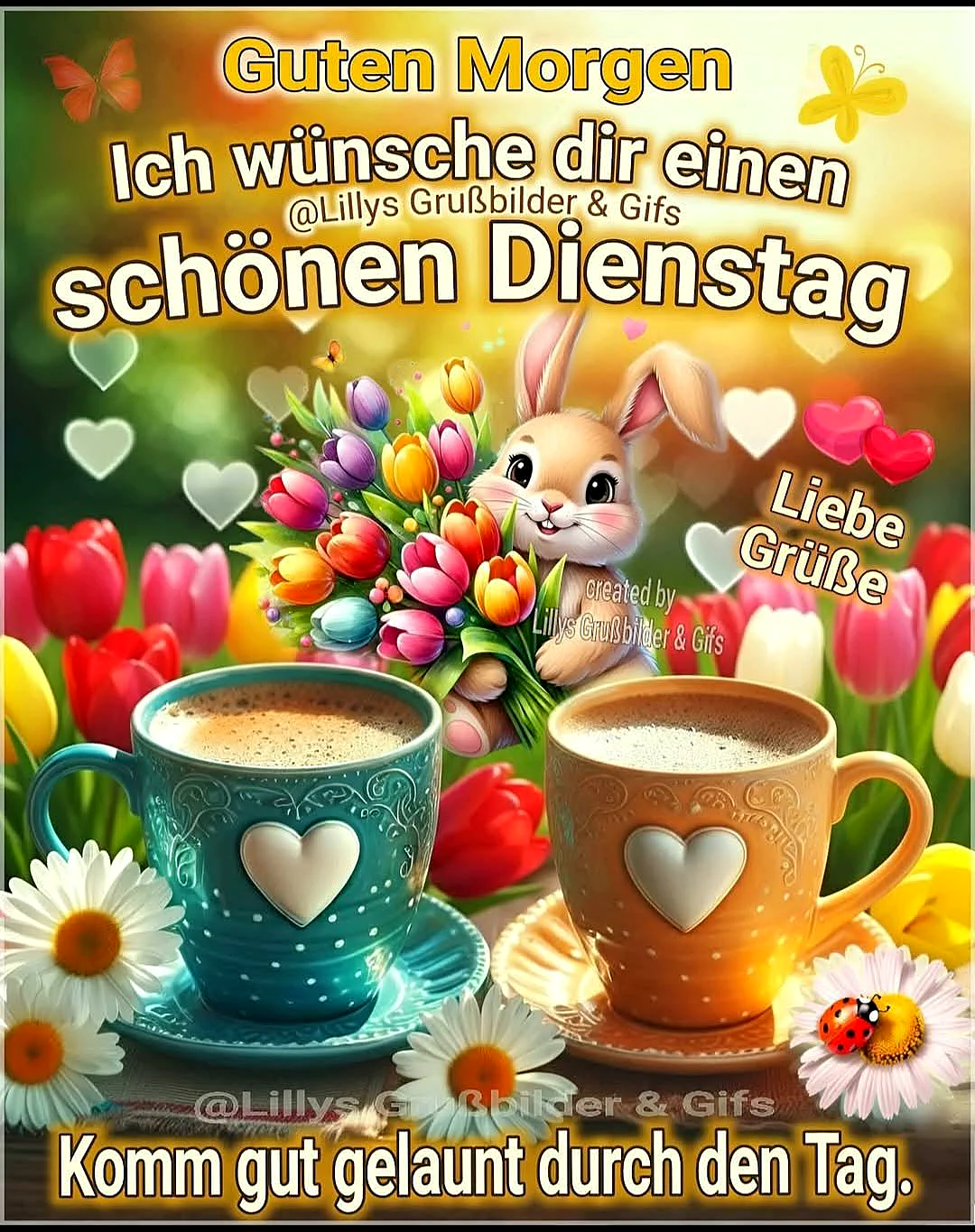 Ein farbenfrohes Bild mit zwei Kaffeetassen, einem Hasen, Tulpen und Sonnenblumen. Der Hintergrund ist hell und sonnig.