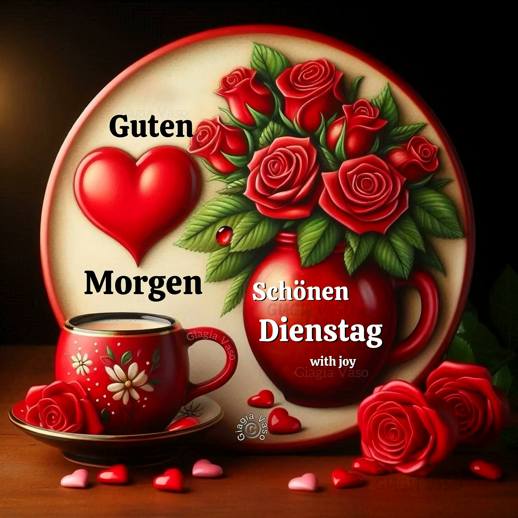 Ein dekoratives Stillleben mit einer roten Tasse auf einem Unterteller, umgeben von Rosen, einem Teller mit einer Blumenvase und kleinen Herzchen, vor einem dunklen Hintergrund.