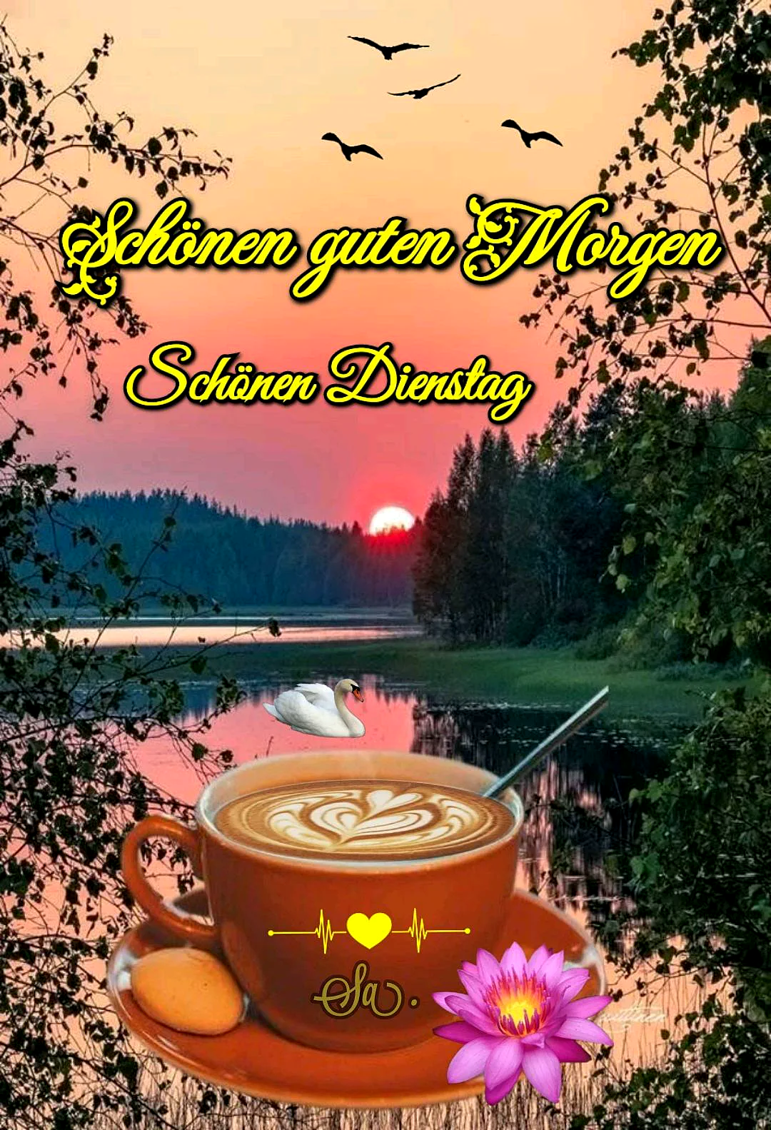 Ein ruhiger Morgen am See mit einer Tasse Kaffee, einem Schwan im Wasser, Vögeln am Himmel und einem Sonnenaufgang im Hintergrund.