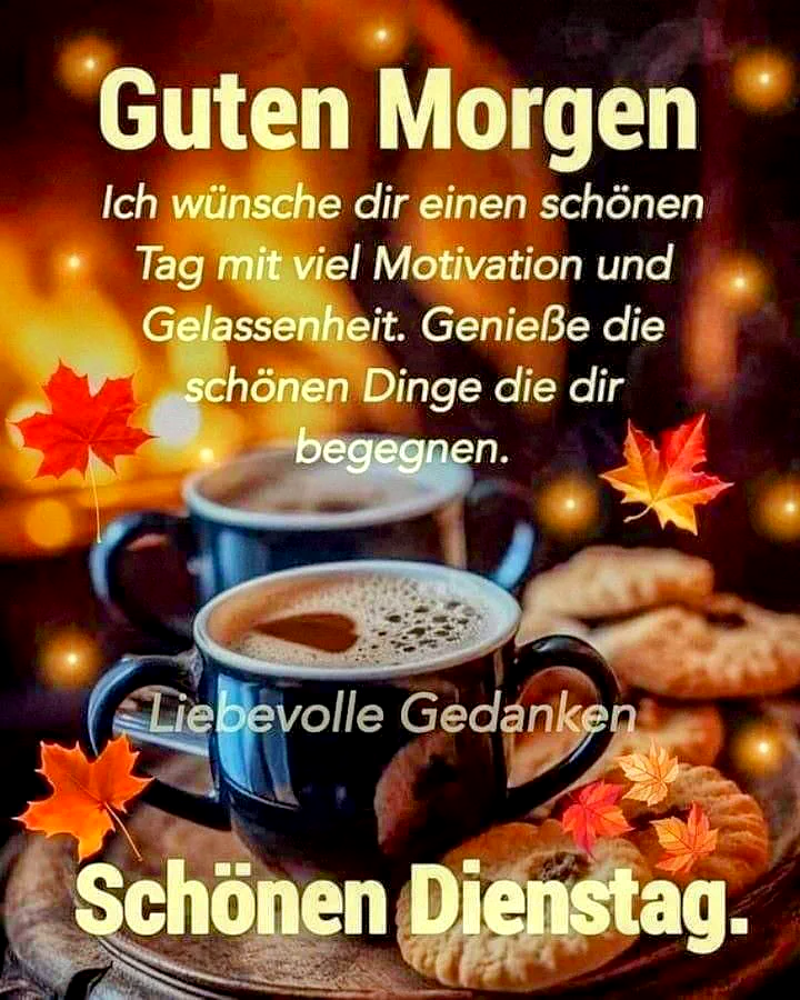 Ein herbstliches Bild mit zwei blauen Kaffeetassen, Keksen und Herbstblättern. Im Hintergrund warme Lichter.