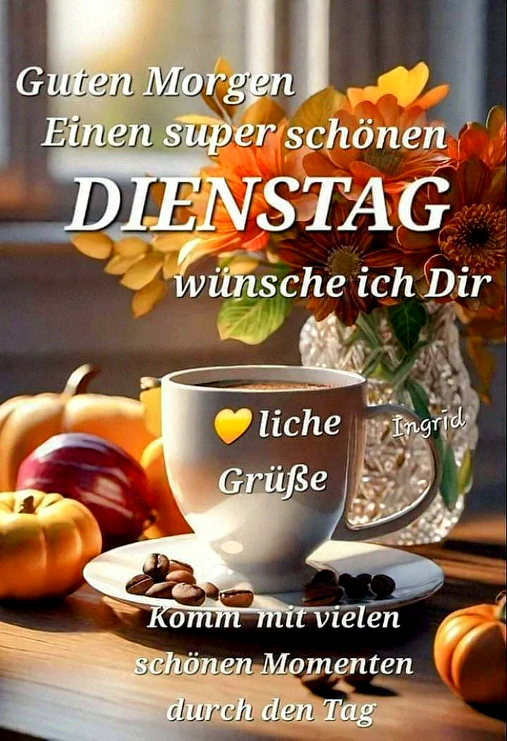 Ein herzlicher Morgengruß mit einer Tasse Kaffee, Äpfeln und Blumen auf einem Holztisch, im Hintergrund ein sonniger Raum