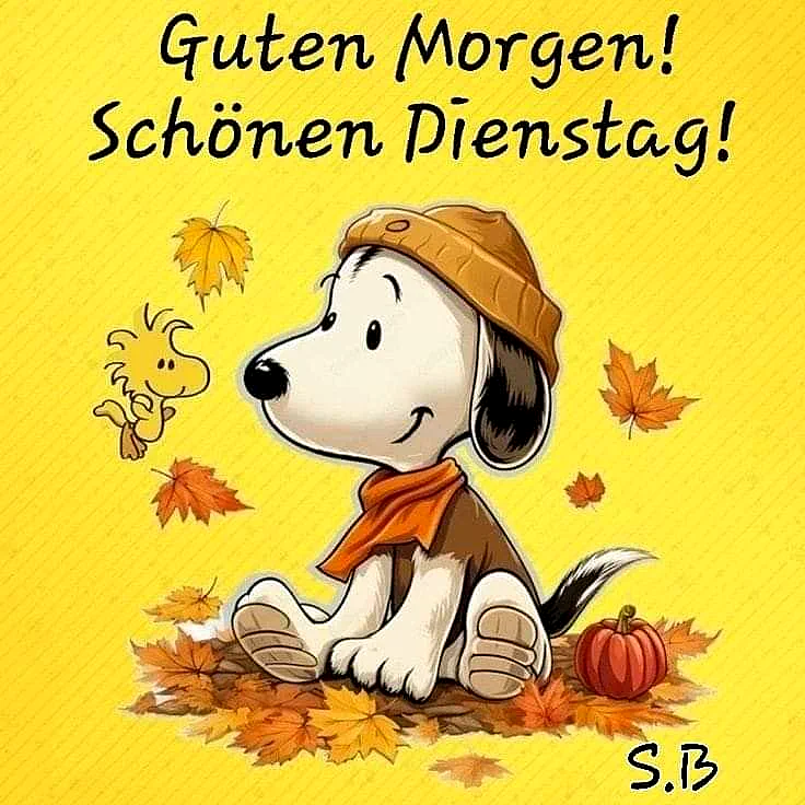 Ein Cartoon-Bild von Snoopy, der auf einem Haufen von Herbstlaub sitzt, neben ihm ein kleiner Kürbis und ein Vogel, im Hintergrund fallen Blätter herab.