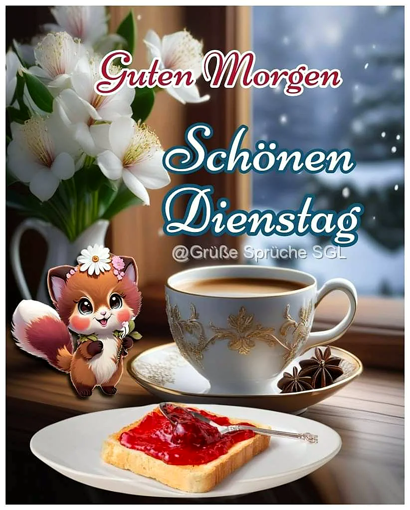 Ein Cartoon Fuchs mit einer Blume im Haar steht neben einer Tasse Kaffee und einem Teller mit Toast. Im Hintergrund sind weiße Blumen und ein Fenster mit Blick auf einen verschneiten Baum.
