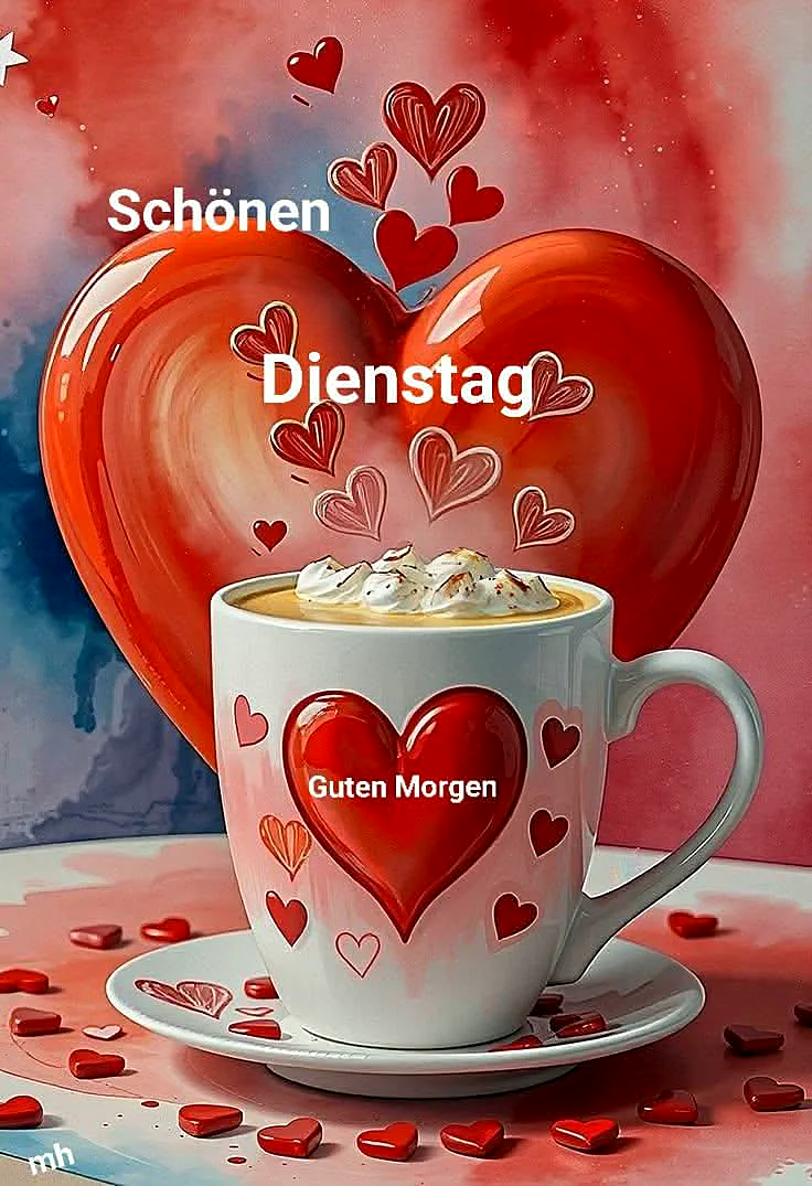 Ein weißer Kaffeebecher mit roten Herzen und einer großen roten Herz auf der Vorderseite, steht auf einem Teller vor einem großen roten Herz. Der Becher ist mit Sahne und einem roten Herzen gefüllt. Im Hintergrund ein roter und blauer Wasserfarben Effekt.