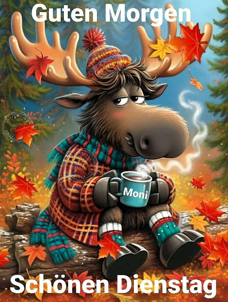 Ein Elch sitzt auf einem Baumstamm, trägt einen Hut, Schal und Pullover, hält eine Tasse Kaffee in den Händen. Herbstliche Blätter um ihn herum.