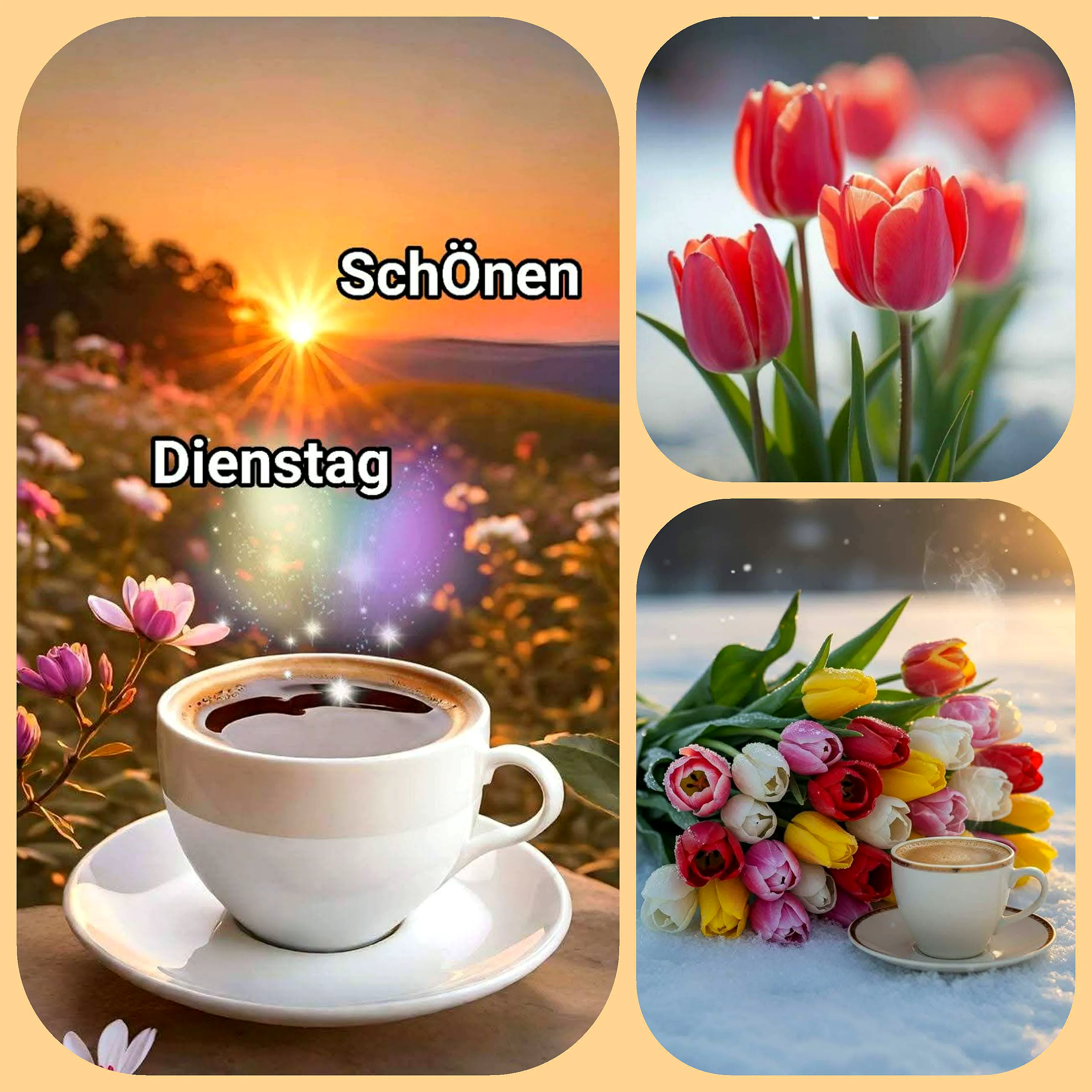 Ein Collagenbild für einen schönen Dienstag, das einen dampfenden Kaffee bei Sonnenaufgang, rote Tulpen im Schnee und einen bunten Tulpenstrauß mit einer weiteren Kaffeetasse zeigt.